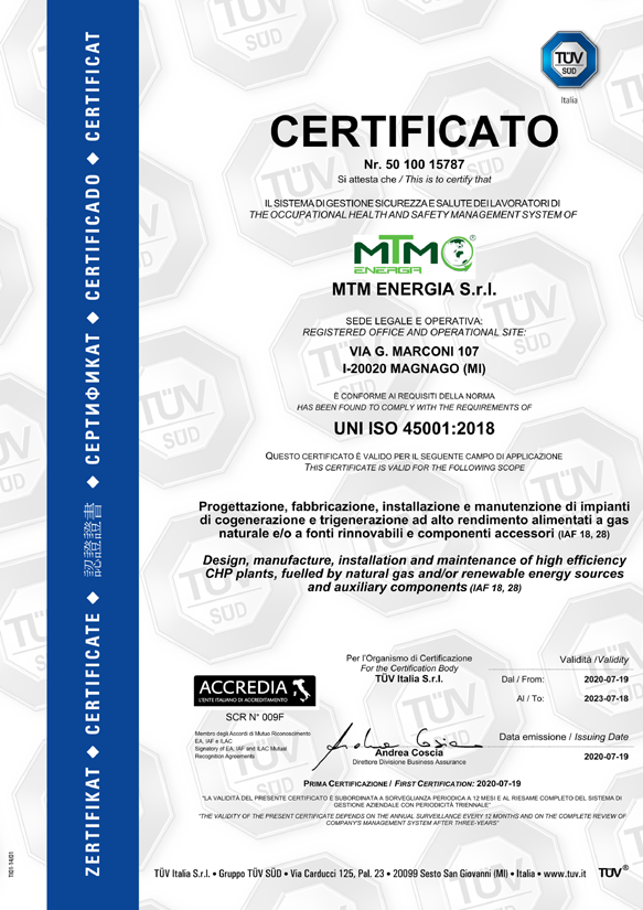 MTM Energia certificata UNI ISO 45001:2018